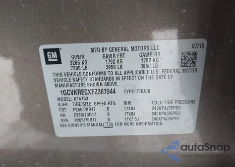 2015 Chevrolet Silverado 1500 1Lt from USA, damaged, VIN 1GCVKRECXFZ387944